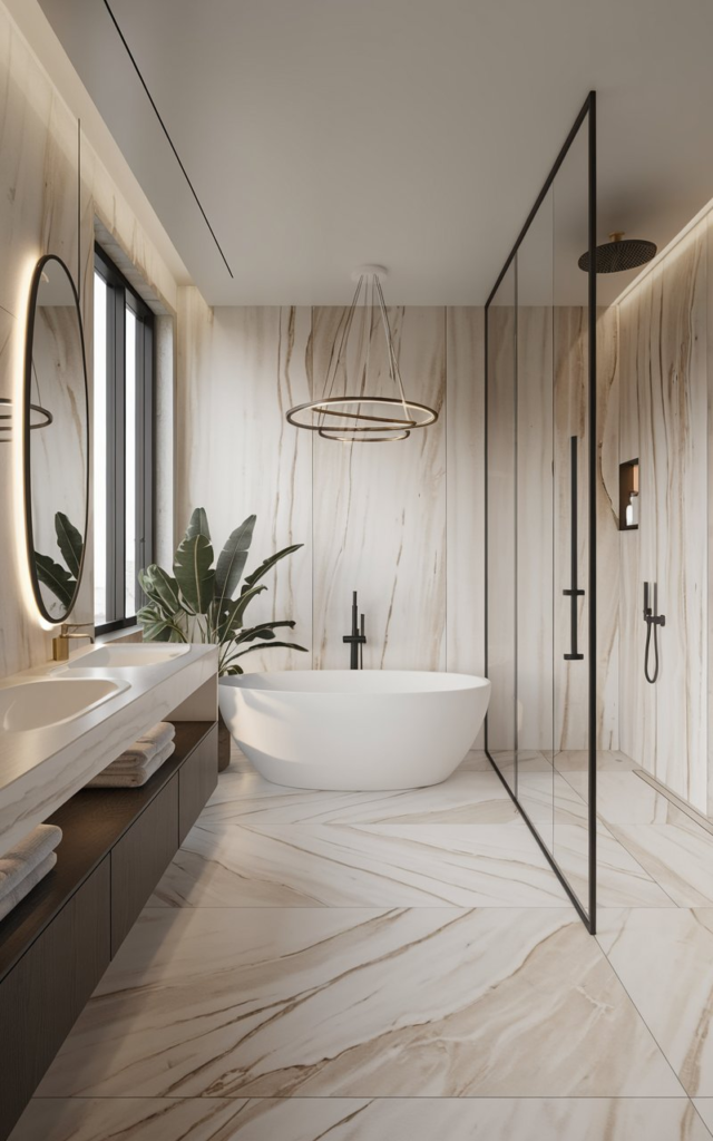 Freestanding bathtub in rustic bathroom