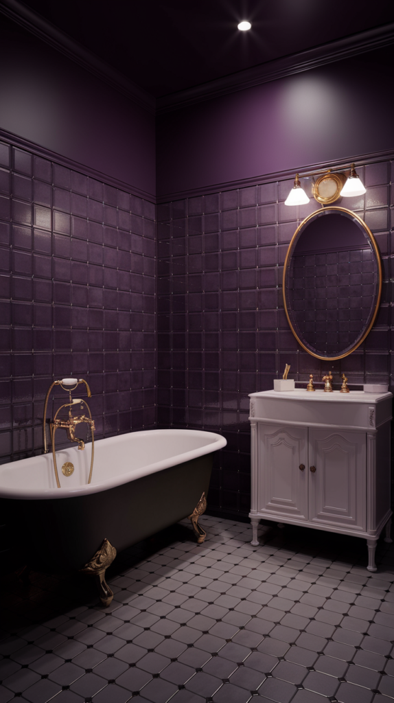 Eclectic gallery wall in powder room