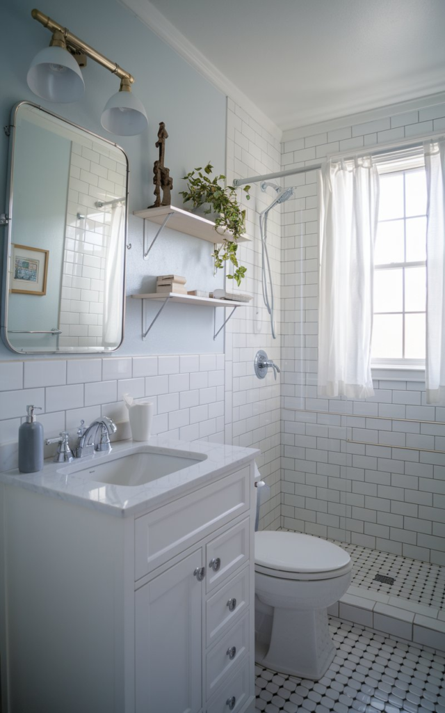 Bright colored powder room vanity
