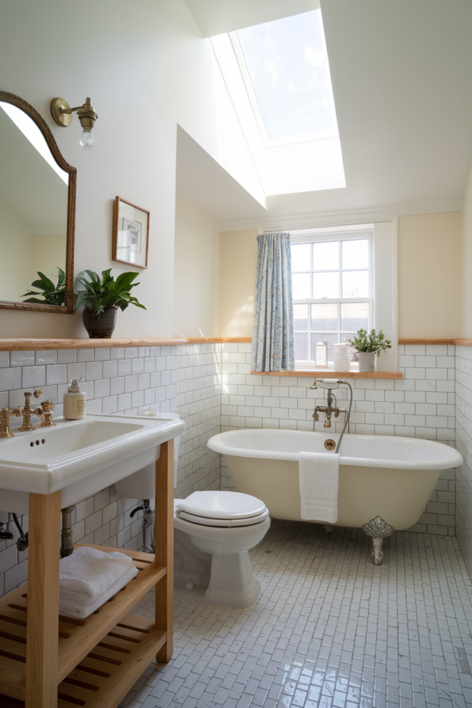 Open wooden shelves in bathroom