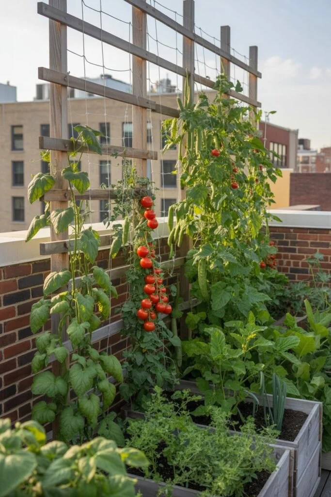 Vertical trellises for climbing vegetables