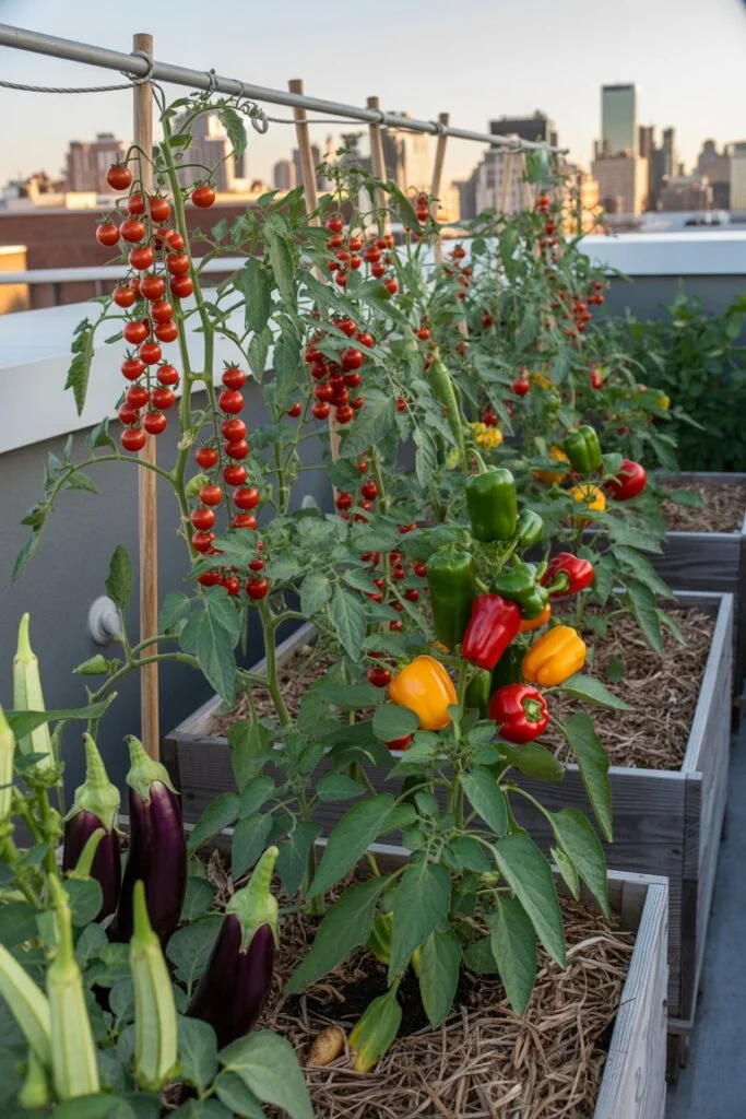 Heat-tolerant vegetables thriving on rooftop