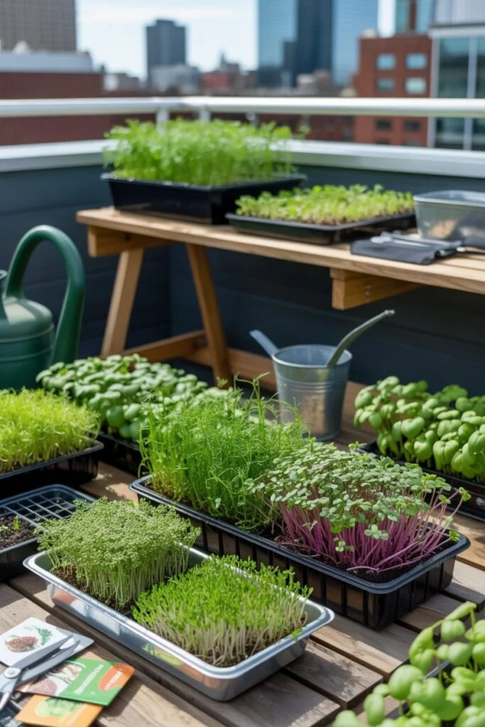 Microgreens growing in trays