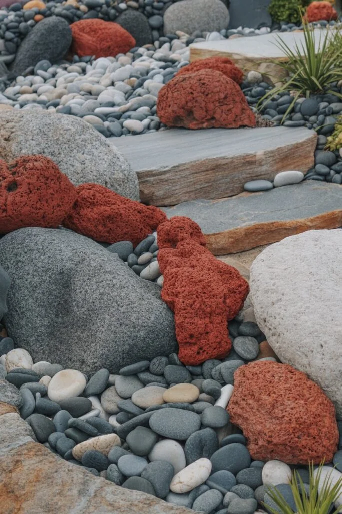 Rock garden accented with red lava rocks