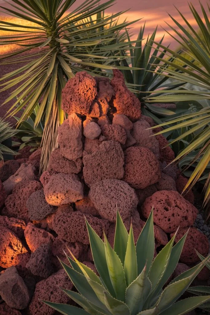 Volcanic themed garden with red lava rocks
