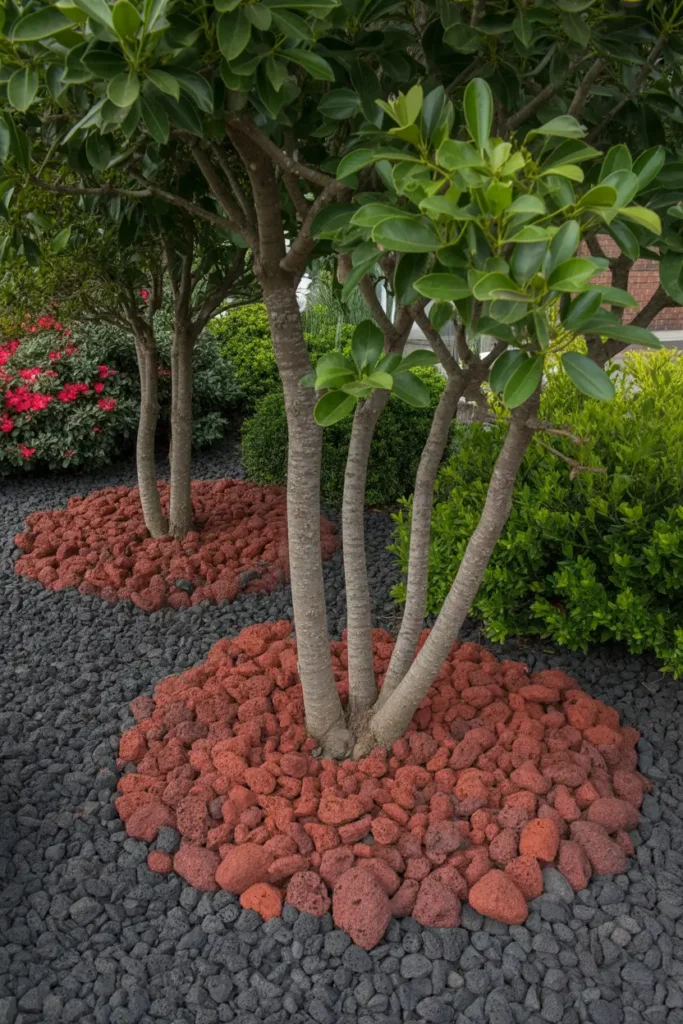 Red lava rock mulch around trees