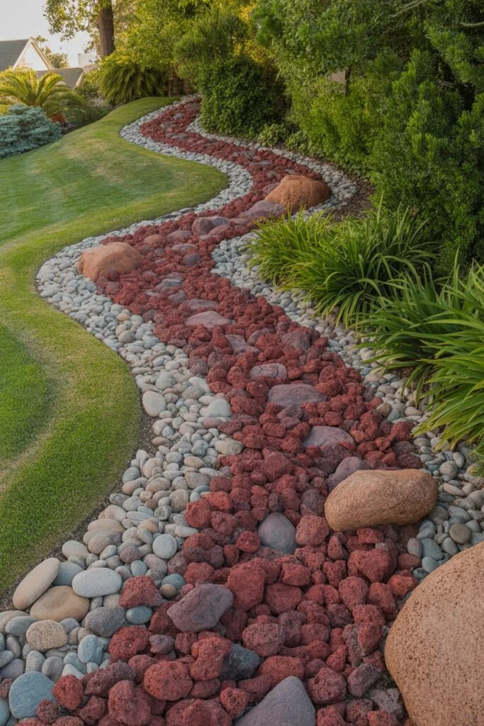 Dry creek bed with red lava rocks