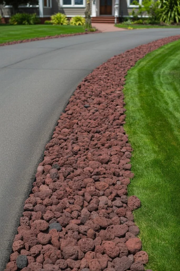 Driveway edged with red lava rocks