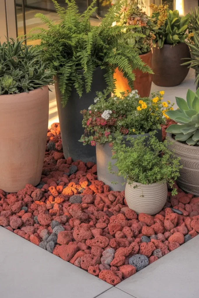 Container garden on red lava rock base