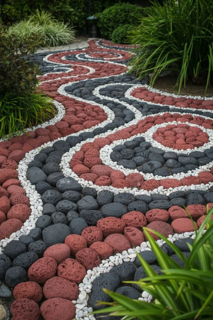 Mosaic pattern with red lava rocks