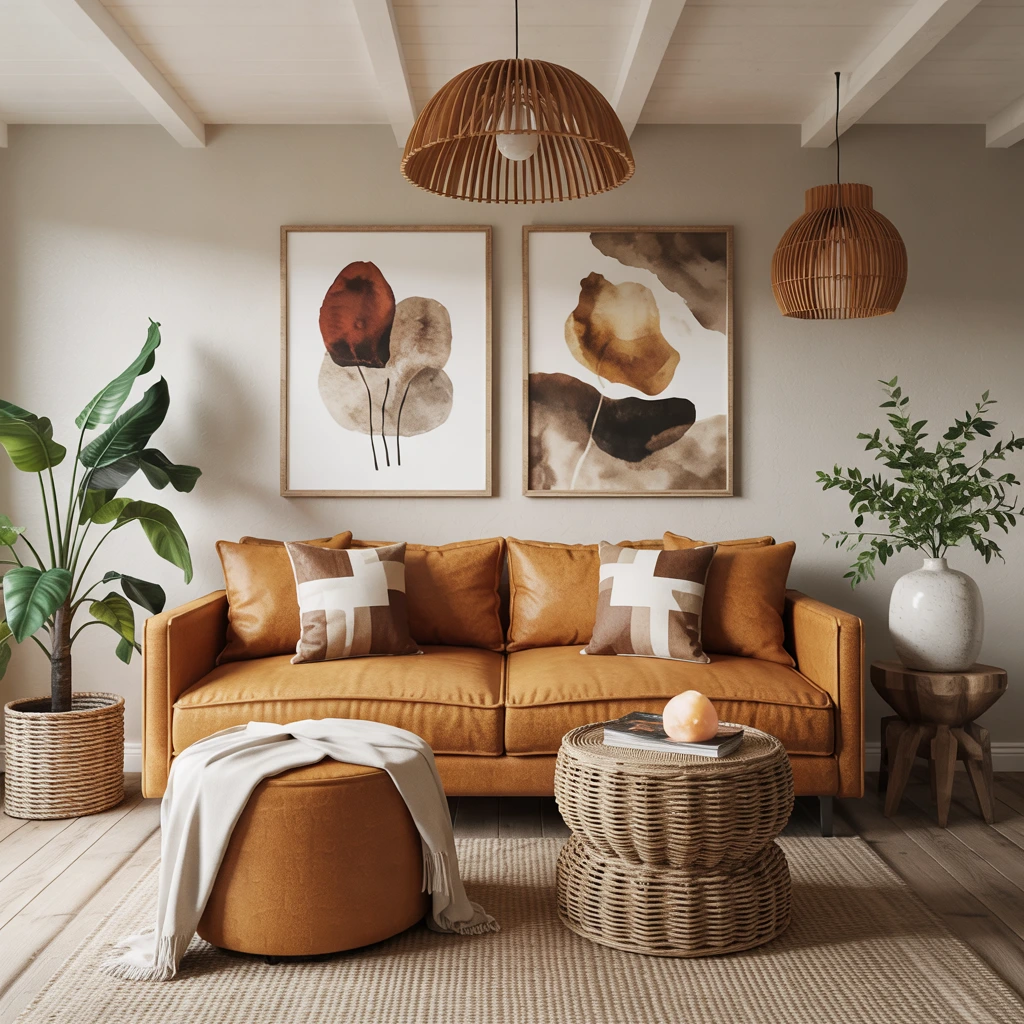 Living room featuring warm ochre tones
