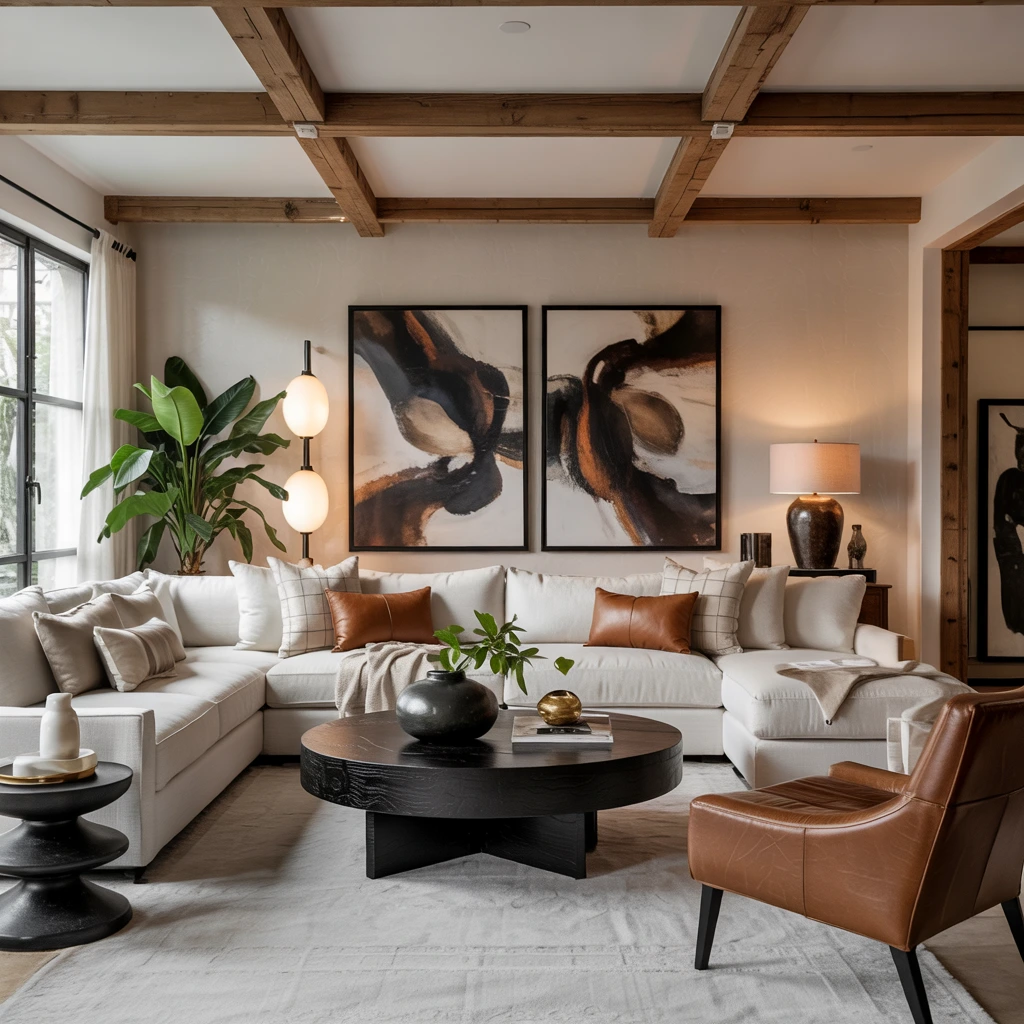 Luxurious white sectional with leather armchair
