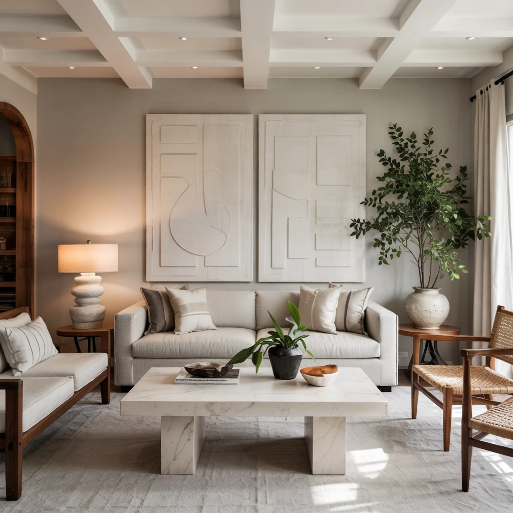 Jeanneret-style chairs and sculptural furniture