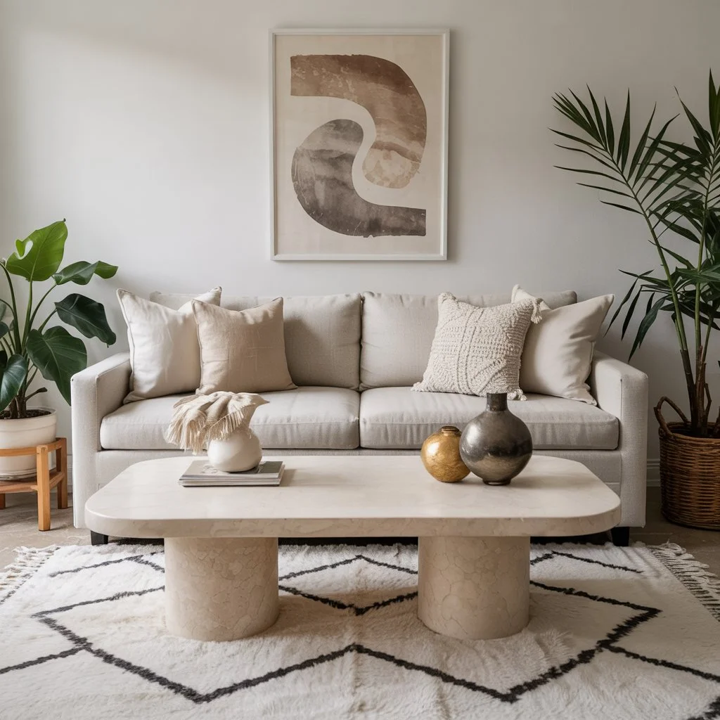 Abstract patterned rug and pillows