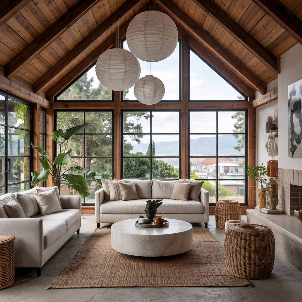 Living room with floor-to-ceiling windows and paper lanterns