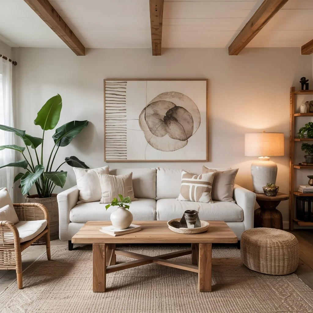 Warm neutral layered living room