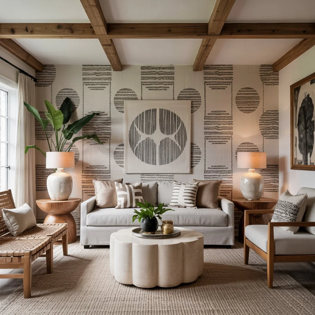 Patterned textiles and fluted coffee table