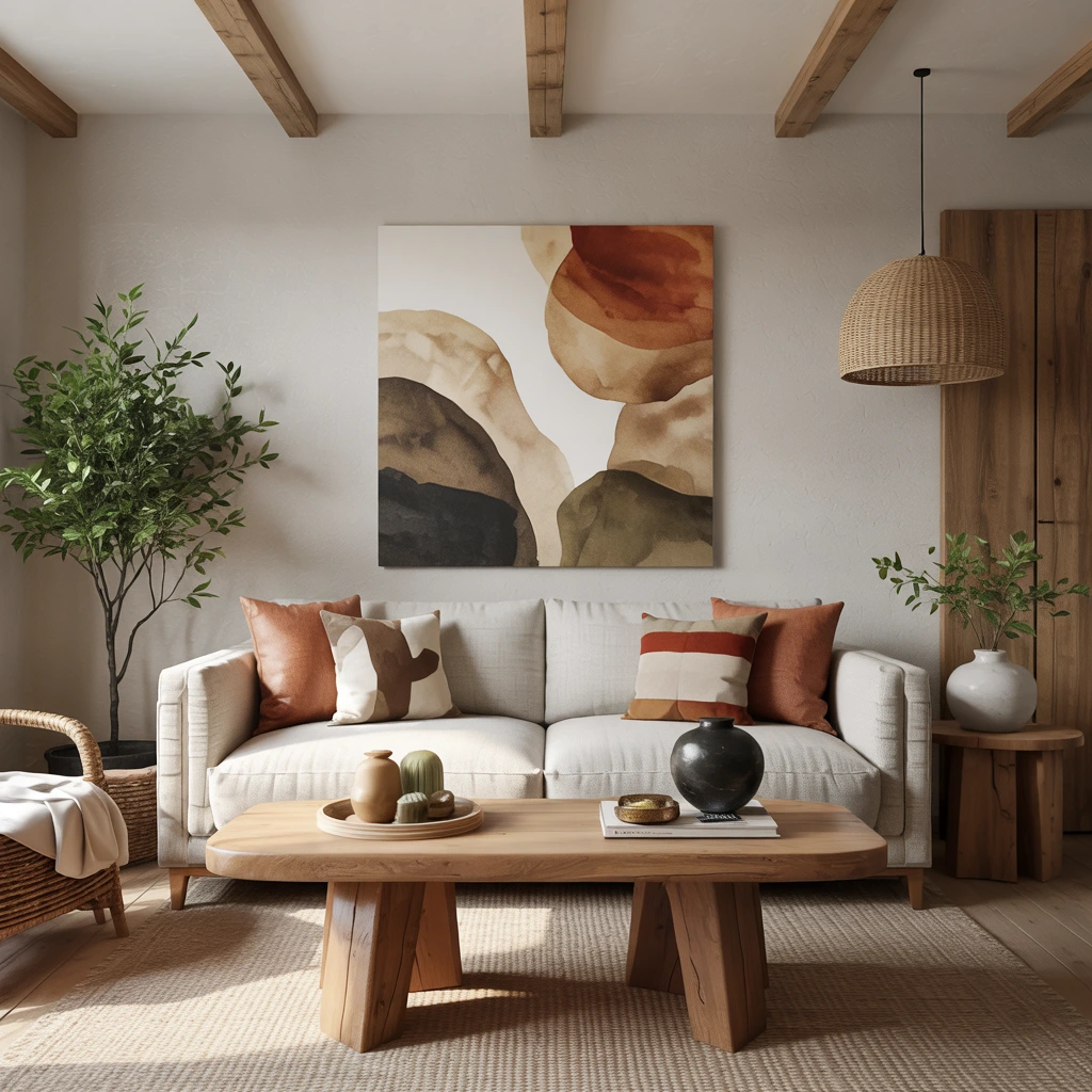 Earth tone living room with olive and wood accents