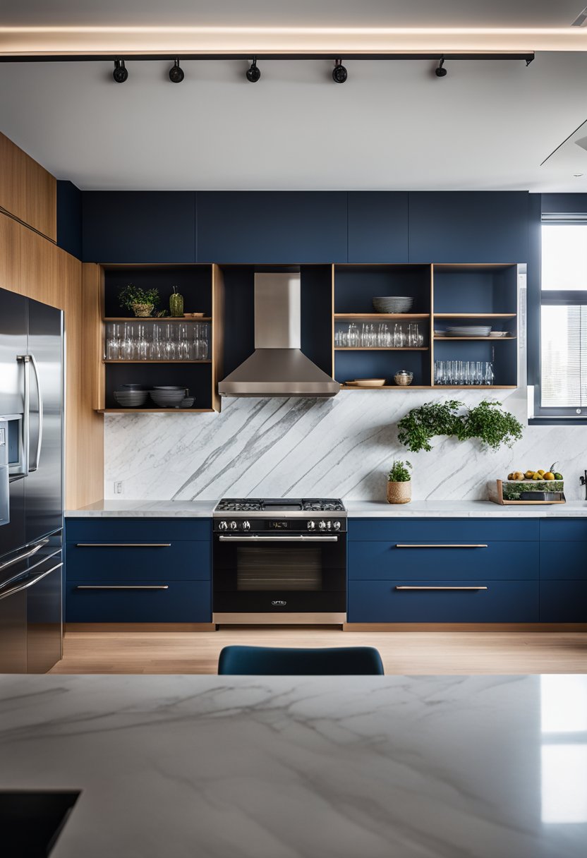 Spacious indigo kitchen with open layout and natural light
