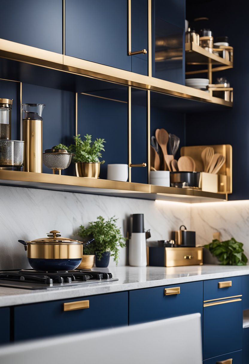 Stylish indigo kitchen with coordinated accessories and lighting