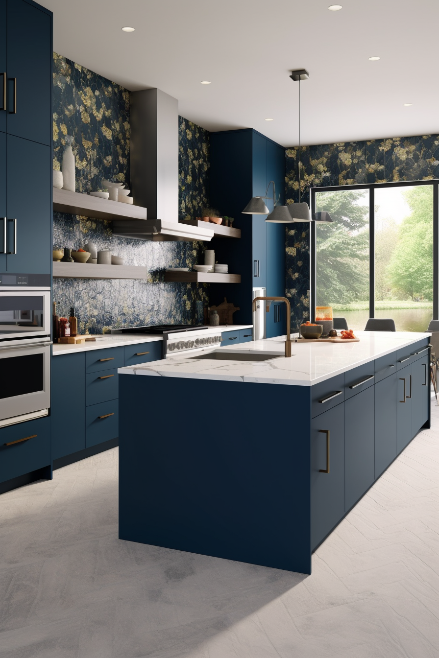 Contemporary kitchen with indigo cabinets, floral wallpaper, and marble island