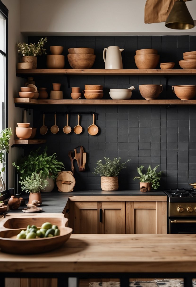Rustic modern kitchen with earthy tones, natural wood textures, and matte black and brass accents, featuring open shelving with artisanal pottery and greenery