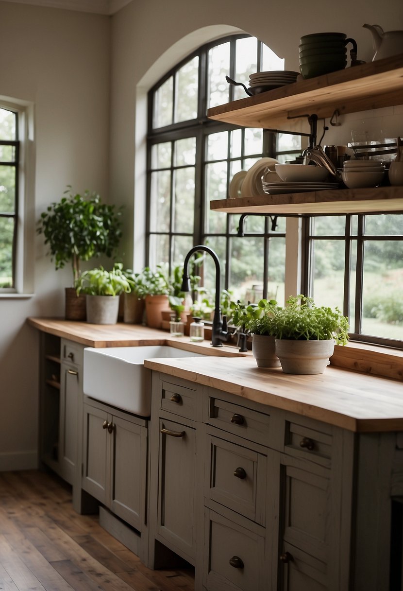 Spacious kitchen with wooden countertops, industrial pendant lighting, and open shelving showcasing rustic dinnerware, featuring a farmhouse sink overlooking a garden