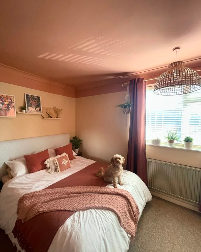 Soft blush painted ceiling in bedroom