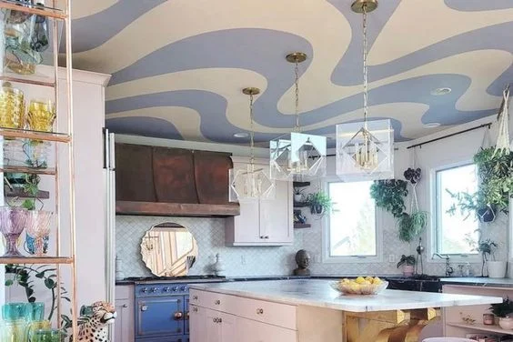 Cloud pattern painted ceiling in kitchen