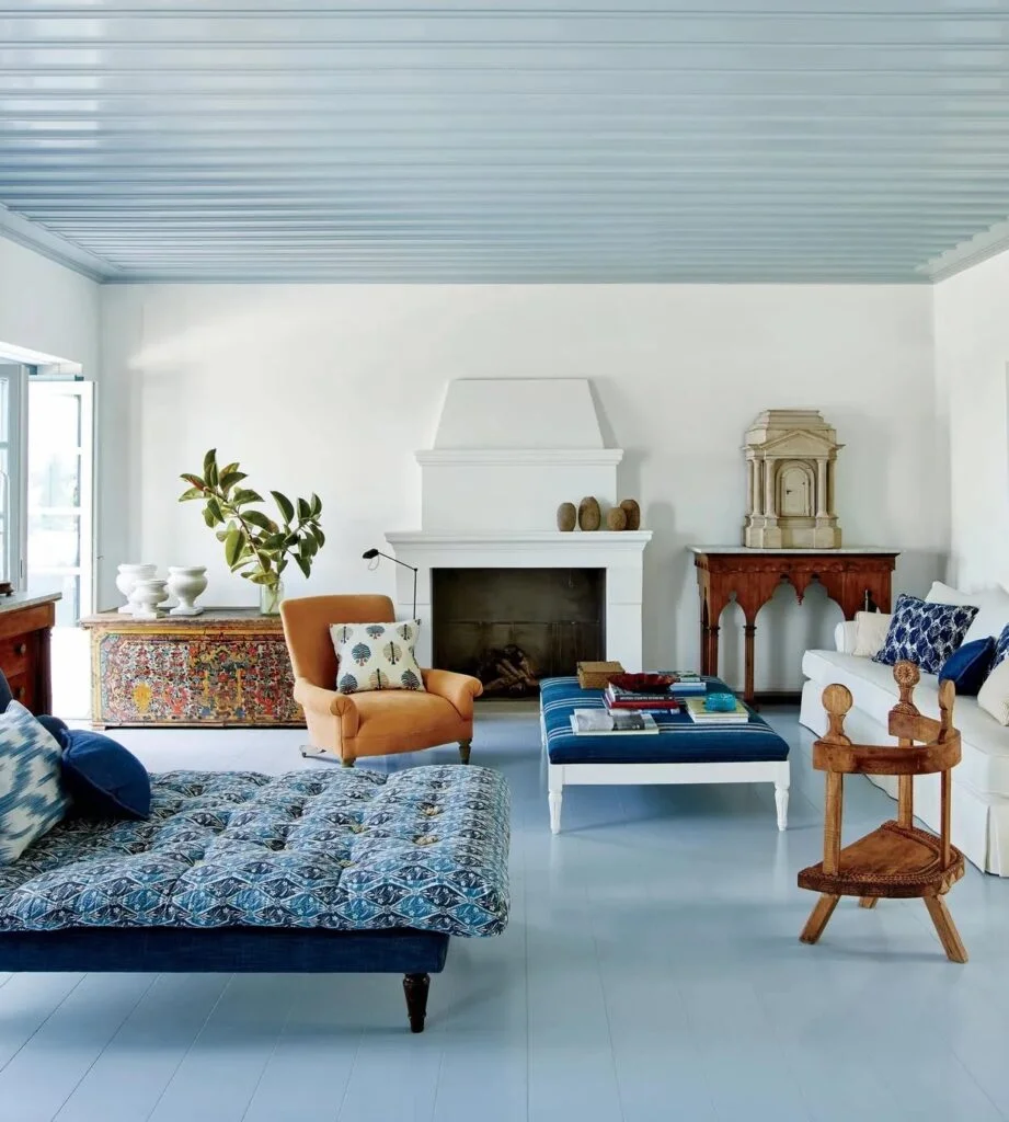 Coastal blue beadboard ceiling in living room