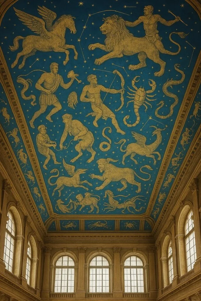 Midnight blue ceiling with gold constellation patterns