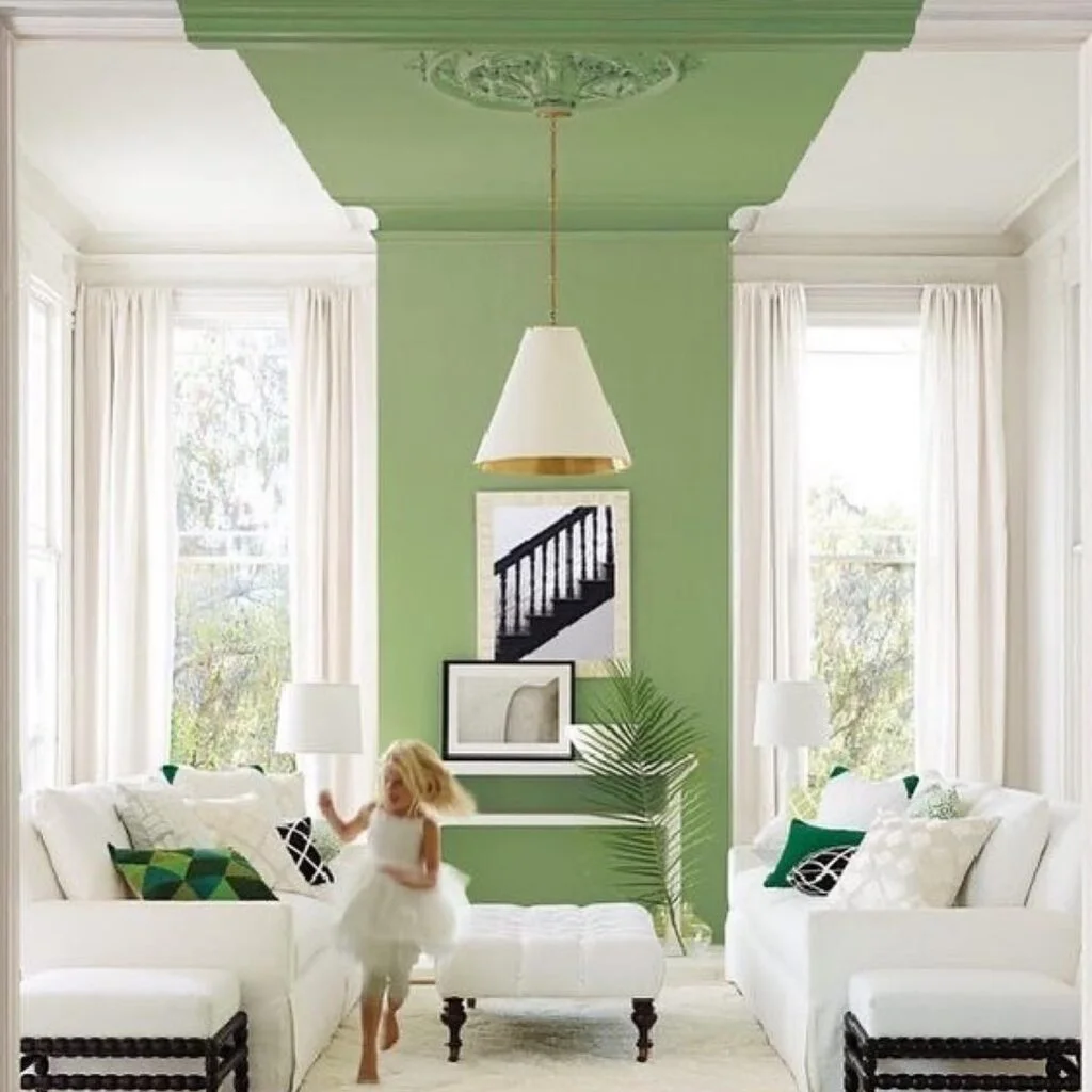 Apple green painted ceiling in living room