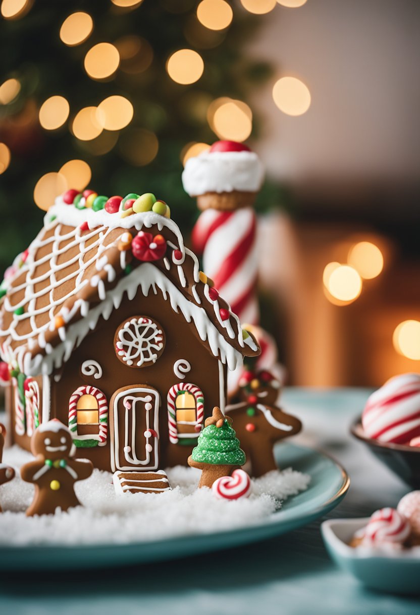 Inviting kitchen decorated with gingerbread houses, candy cane accents, and warm lighting, creating a festive holiday atmosphere.