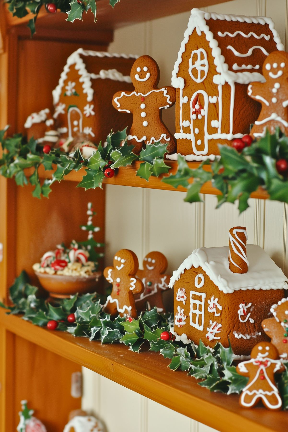 Holiday kitchen shelf adorned with gingerbread houses, gingerbread men cookies, and holly garlands. Rustic Christmas decor with intricate gingerbread designs, red berries, and greenery for a cozy festive touch.