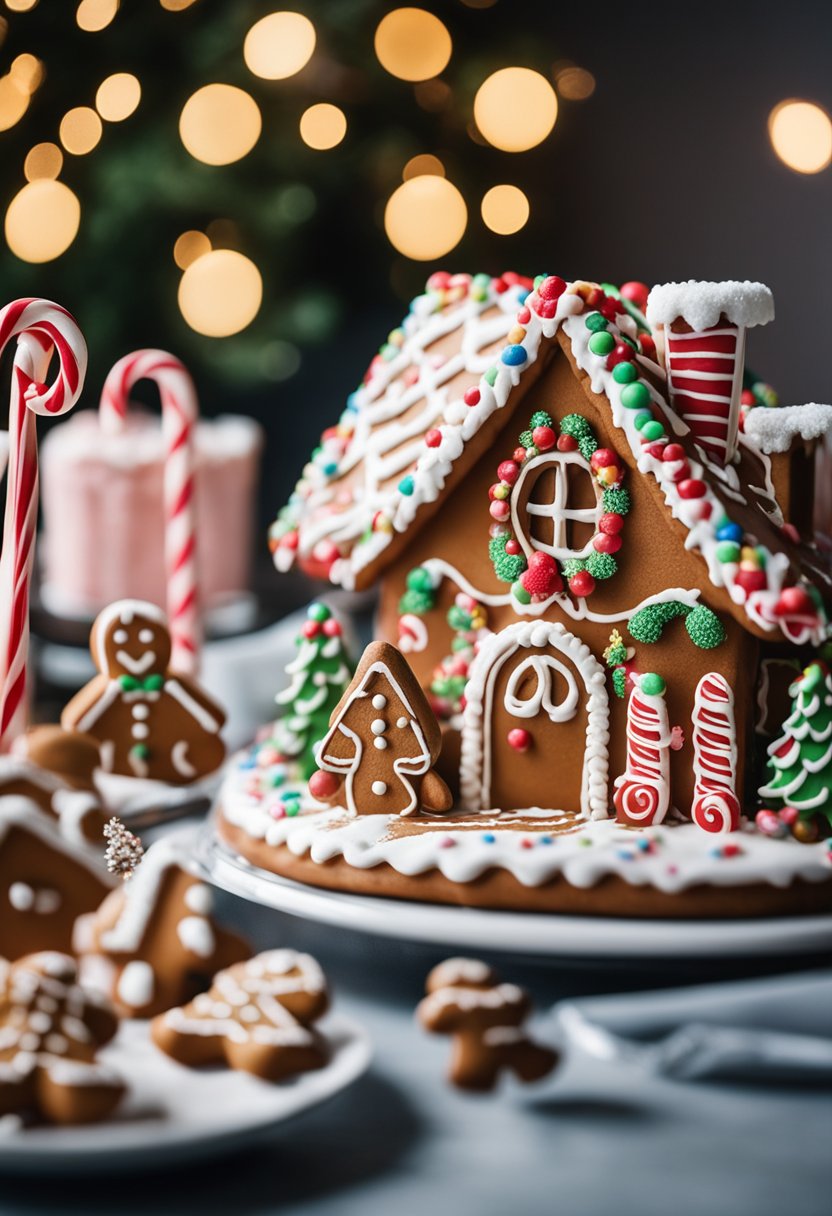 Cozy kitchen with candy cane accents, frosting-dusted countertops, and a gingerbread house centerpiece.
