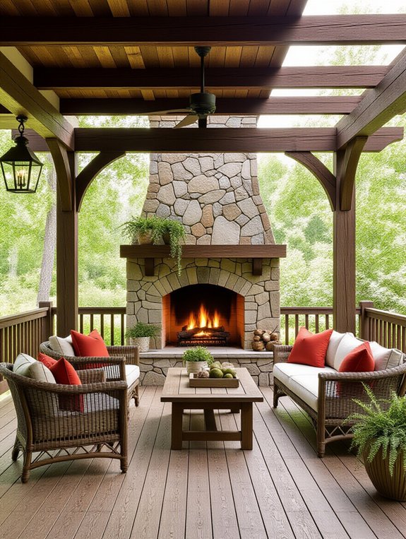 wood and stone outdoor fireplace