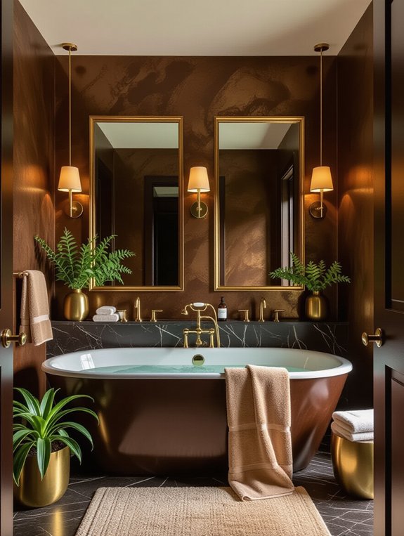 gold accents in brown bathroom