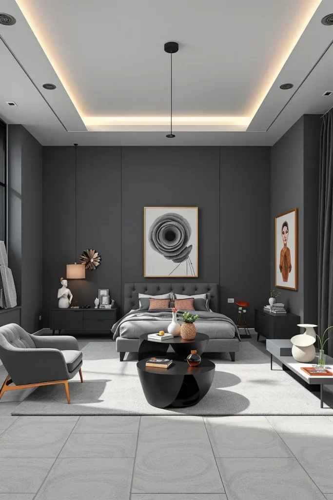 Gray Bedroom with Sculptural Decor