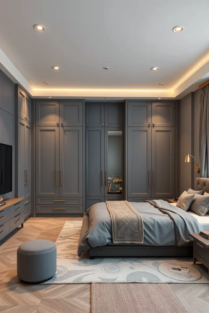 Gray Bedroom with Built-In Storage
