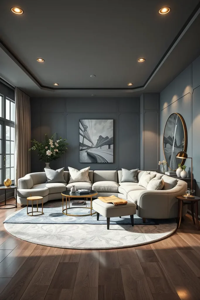 Gray Bedroom with Curved Sofa