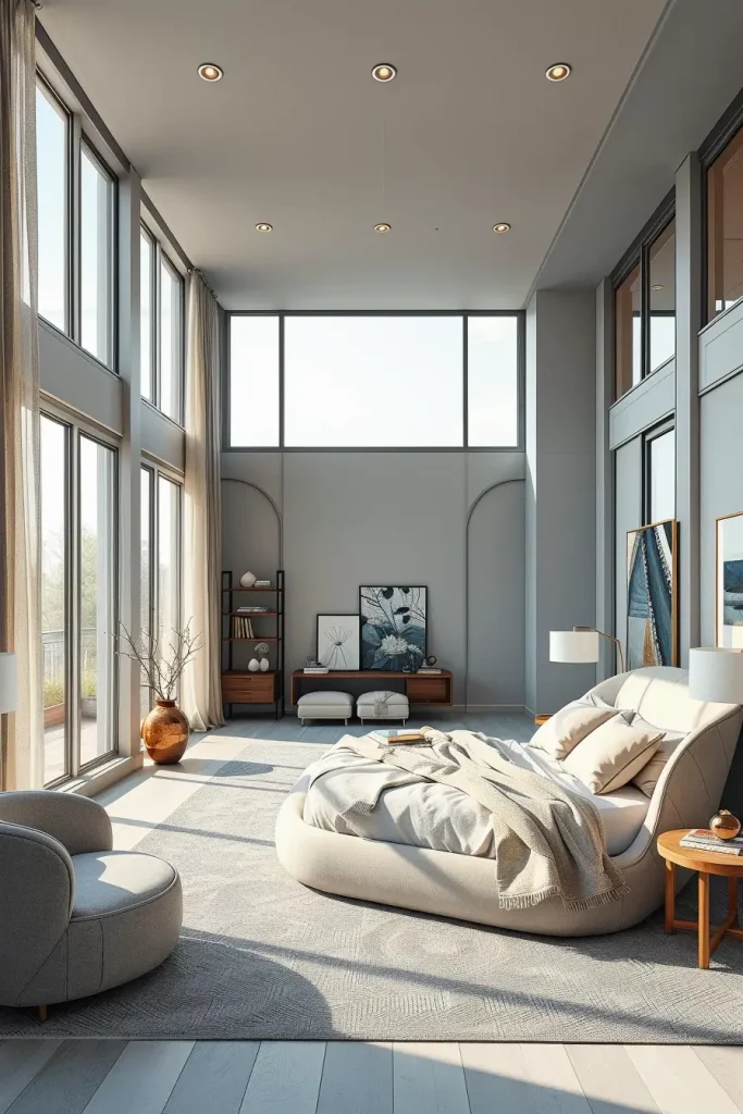 Gray Bedroom with Floor-to-Ceiling Windows