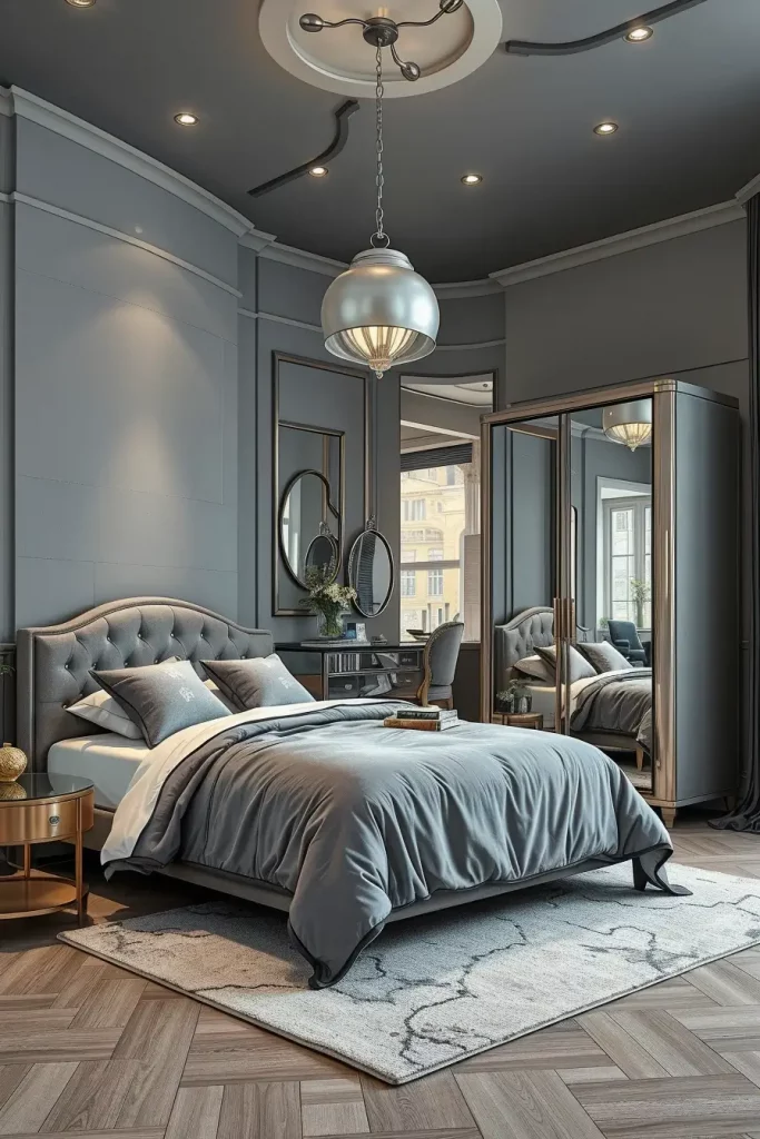 Gray Bedroom with Glass and Metal Accents
