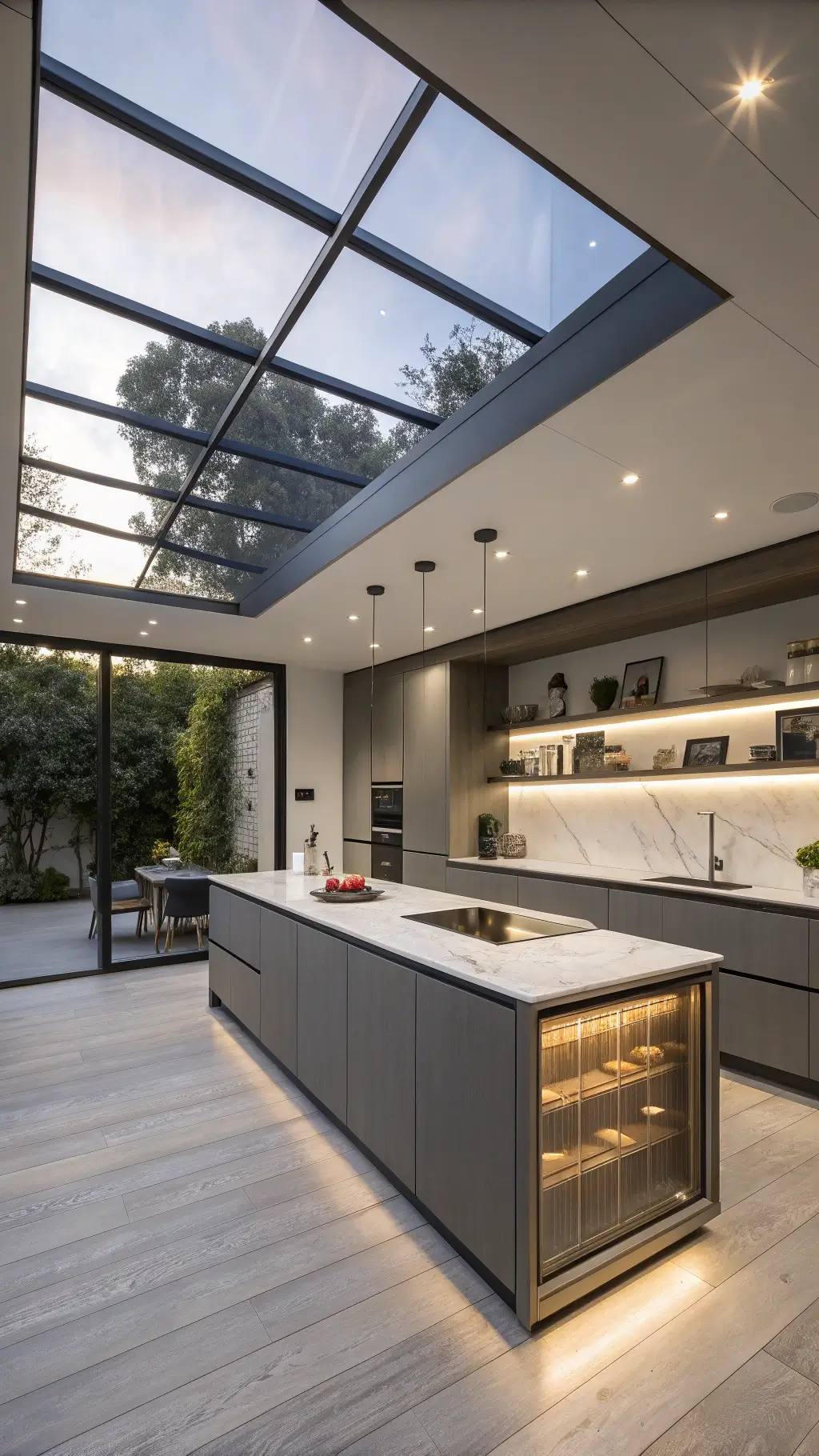 Modern kitchen at dusk with gunmetal grey aluminum cabinets, LED lighting, bleached oak island, and minimal shelving.
