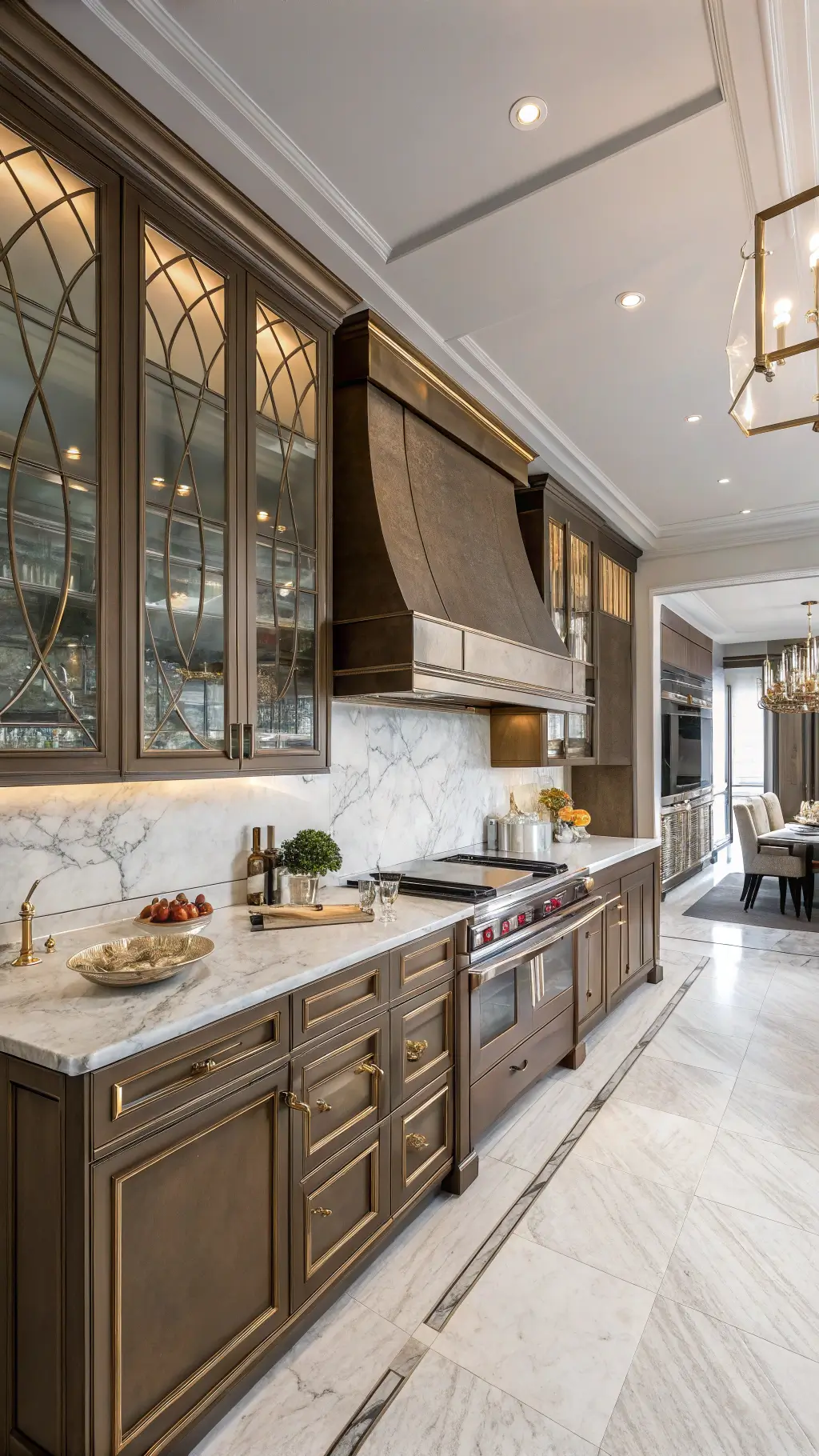Luxurious chef's kitchen with bronze aluminum cabinets, glass-front uppers, custom hood, and marble backsplash.