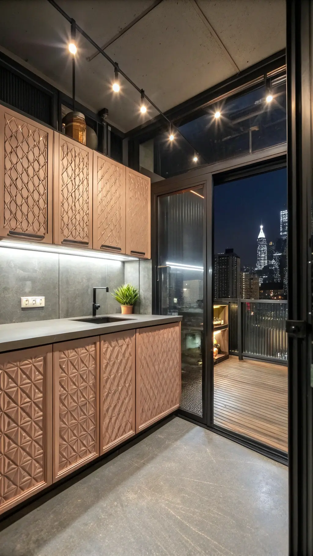 Urban kitchen corner with rose gold geometric aluminum cabinets, concrete countertops, black steel window, and dramatic lighting.
