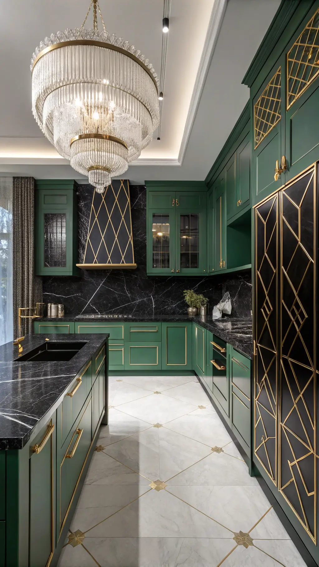 Art Deco kitchen with emerald green aluminum cabinets, brass accents, black marble counters, and crystal chandelier.