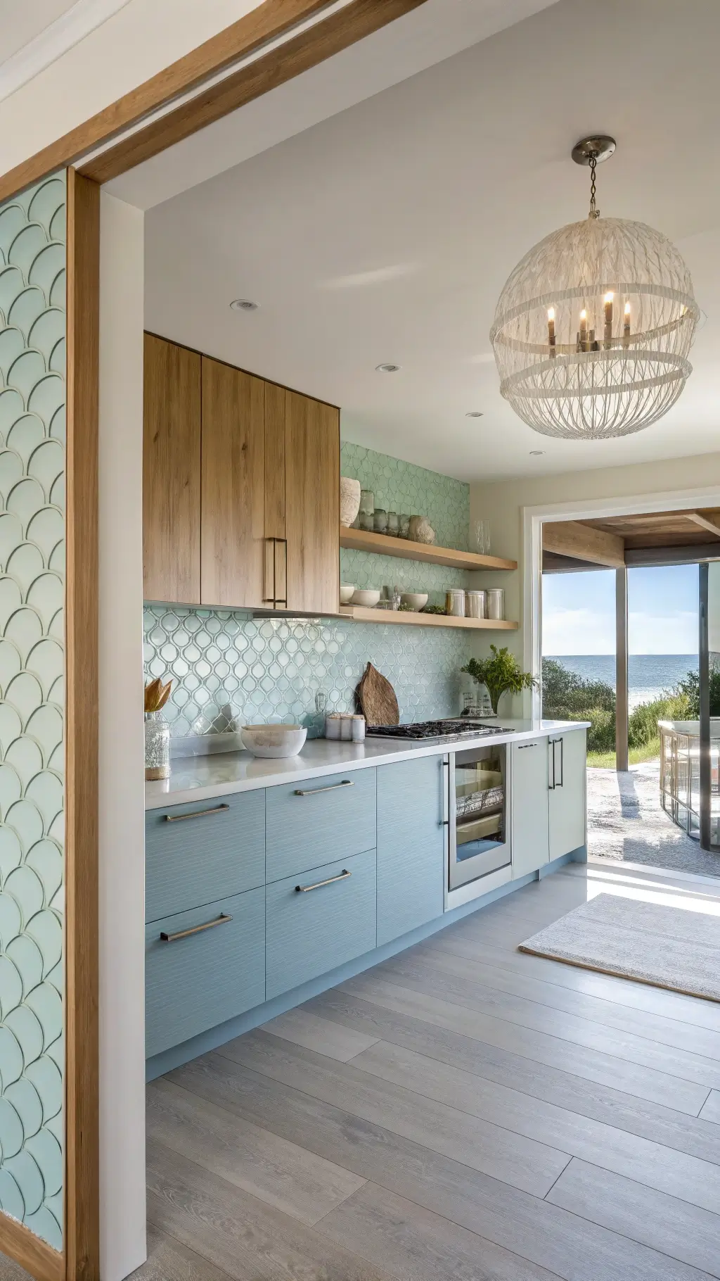 Coastal modern kitchen with powder blue wave-textured aluminum cabinets, white oak shelves, and capiz shell chandelier.
