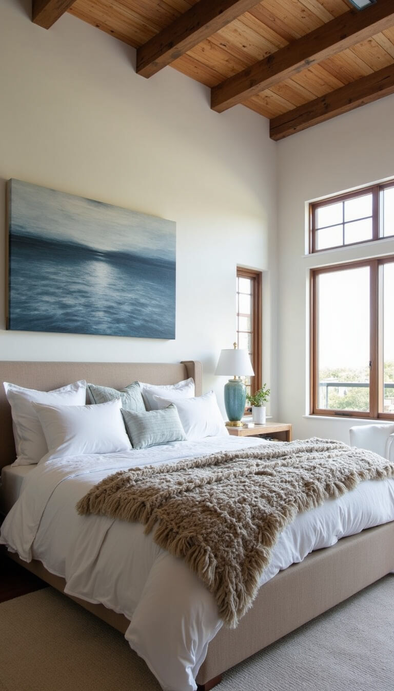 Spacious bedroom with rustic wood beams, California king bed in white bedding, abstract seascape artwork, and soft afternoon light.