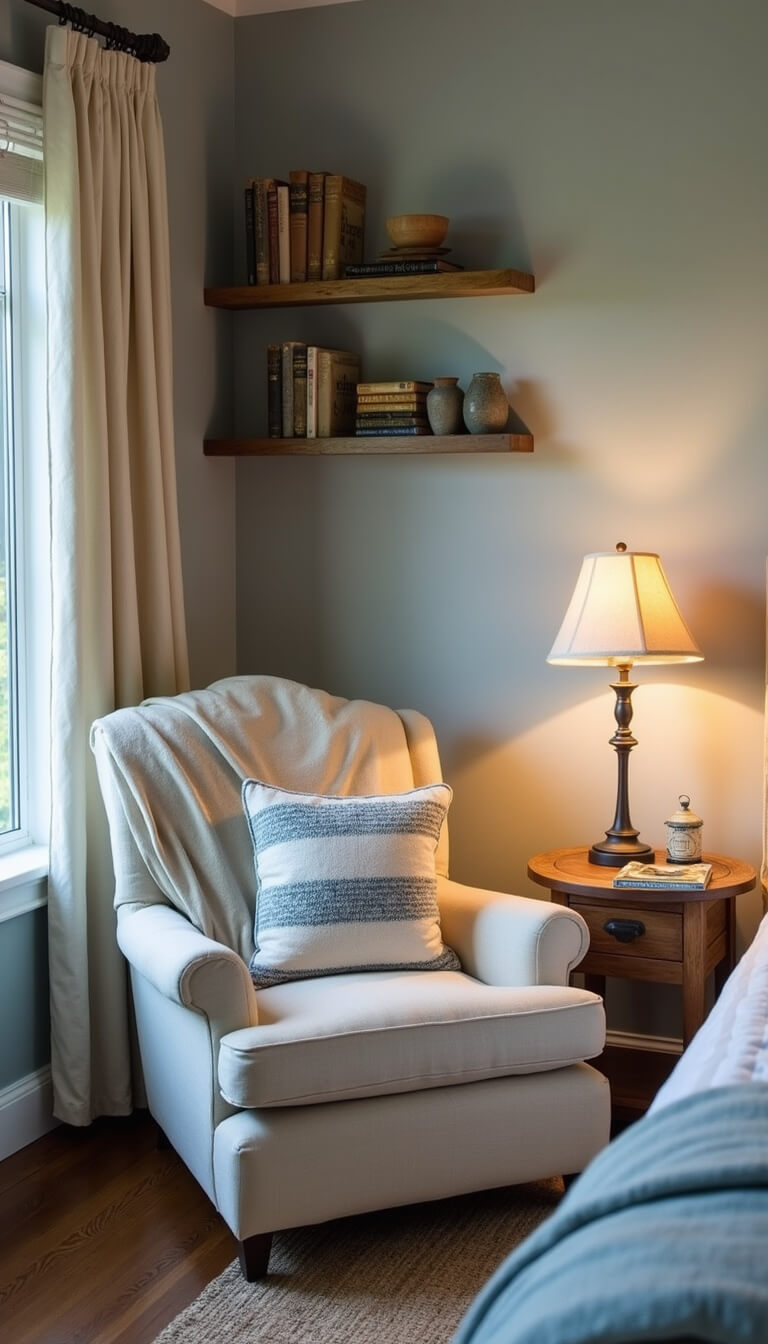 Cozy coastal bedroom reading nook with ivory linen armchair, blue striped throw, rustic side table, and soft accent lighting at blue hour.