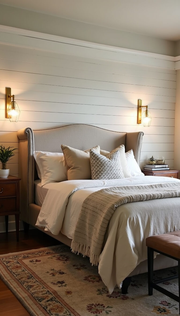 Cozy evening bedroom with vintage brass sconces, soft white shiplap wall, natural linen wingback bed, layered ivory bedding, textured pillows, and seagrass rug over printed area rug.